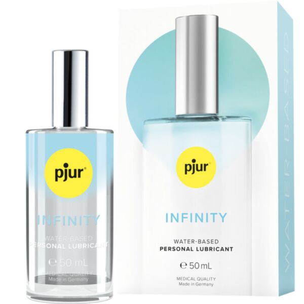 Flacone di vetro del lubrificante a base d'acqua pjur Infinity Water-Based da 50 ml, con la sua confezione