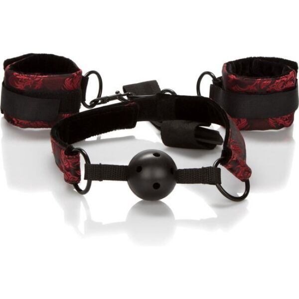 Bavaglio con manette CalExotics Scandal Breathable Ball Gag with Cuffs, nero con tessuto rosso