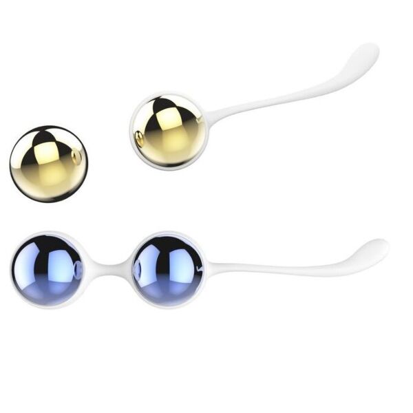 Palline vaginali Nalone Yani, dorate e blu, con il loro connettore
