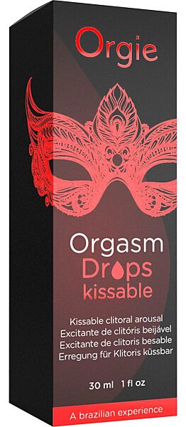 Flacone in vetro con contagocce di Orgie Orgasm Drops Kissable, 30 ml