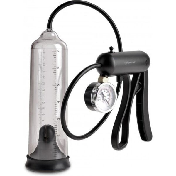 Pompa per pene Pump Worx Pro-Gauge di Pipedream, con cilindro trasparente, tubo flessibile e impugnatura con manometro
