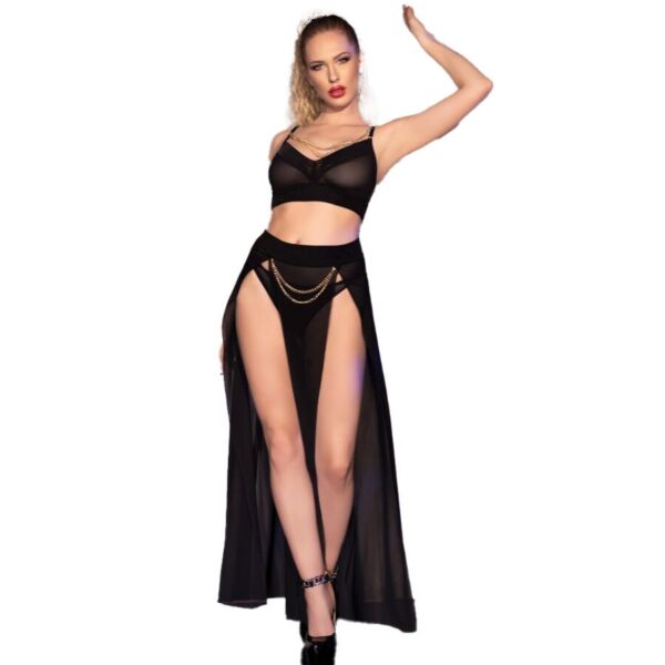 Completo di lingerie Chilirose CR 4672 nero, con top, gonna e tanga con catene dorate