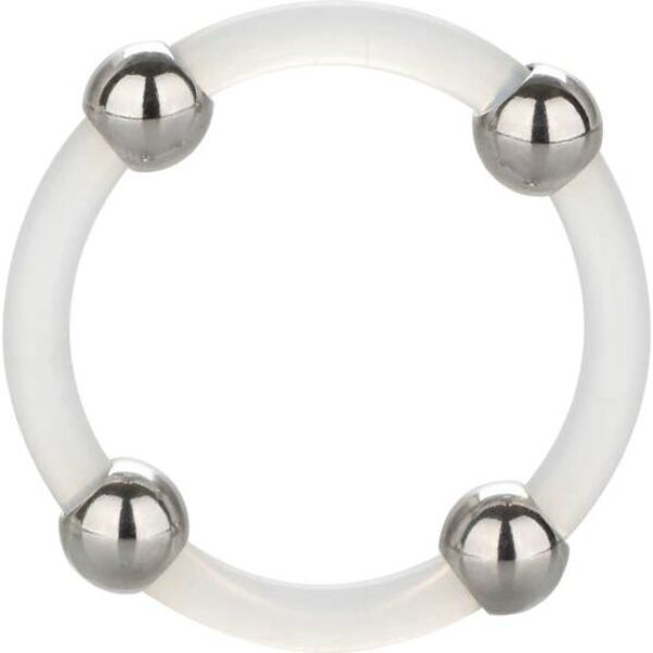 Anello fallico CalExotics Steel Beaded Silicone Ring Large in silicone trasparente con perline in acciaio inox
