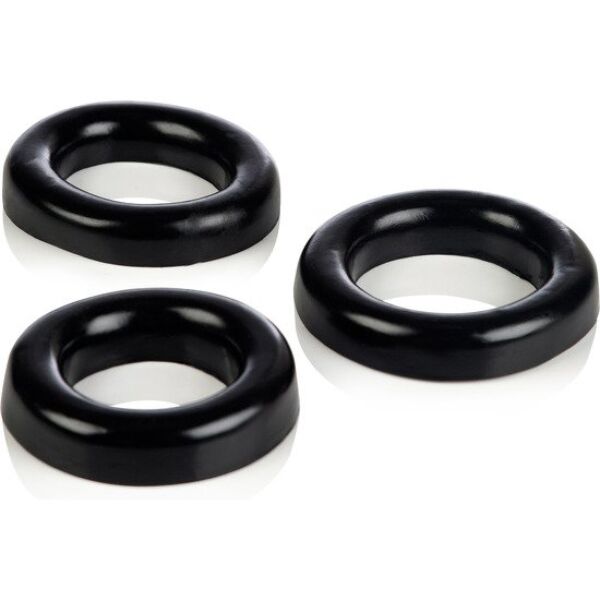 I tre anelli neri del set CalExotics COLT 3 Ring Set, di tre misure