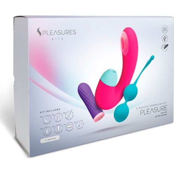 Kit S Pleasures Pleasure Kit con bullet vibrante, doppio stimolatore, palline di Kegel, lubrificante, detergente, piuma e benda per gli occhi
