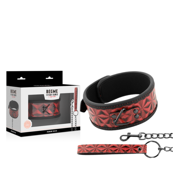 Collare BDSM Begme Red Edition in pelle vegana con catena in metallo, anello per il collo e guinzaglio