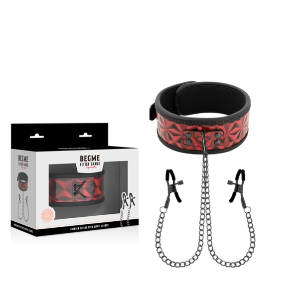 Collare con catena e pinze per capezzoli Begme Red Edition