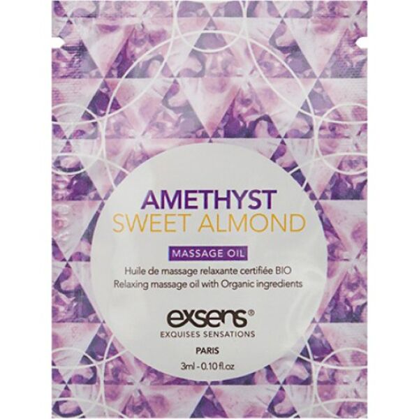Olio da massaggio Exsens Amethyst Sweet Almond 3 ml, flacone monodose con pietre di ametista all'interno