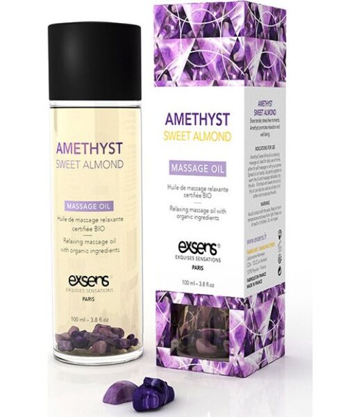 Flacone di olio da massaggio Exsens Relaxing Oil Amatista 100 ml con pietre di ametista all'interno