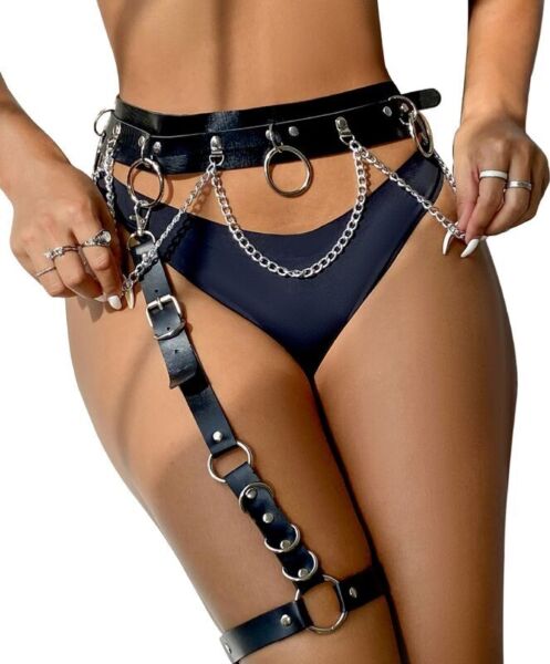 Harness con giarrettiera Subblime in pelle nera con dettagli di catene e anelli