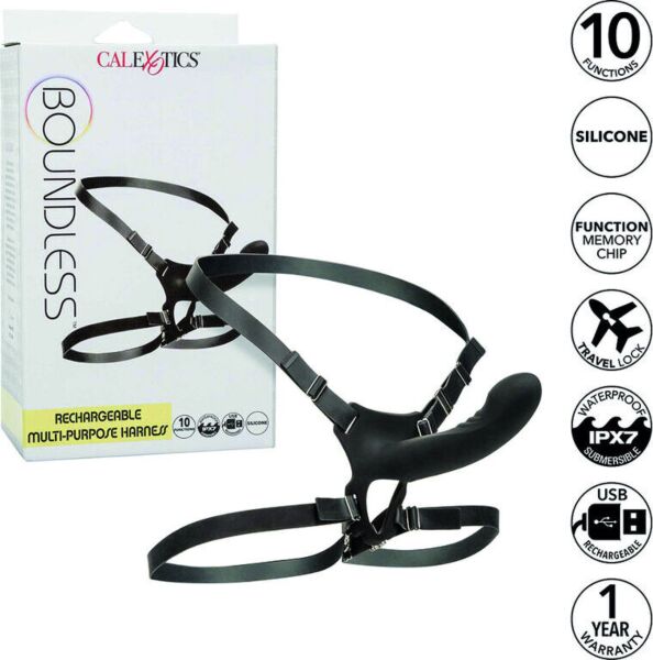 Strap-on CalExotics Boundless con sonda dalla punta curva e cinghie per vita e coscia