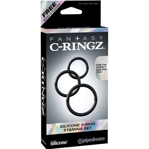 Tre anelli neri Pipedream Fantasy C-Ringz Stamina per pene e testicoli