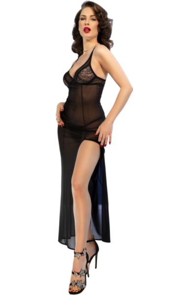 Babydoll lungo in pizzo nero Chilirose CR 4723 con il suo tanga coordinato