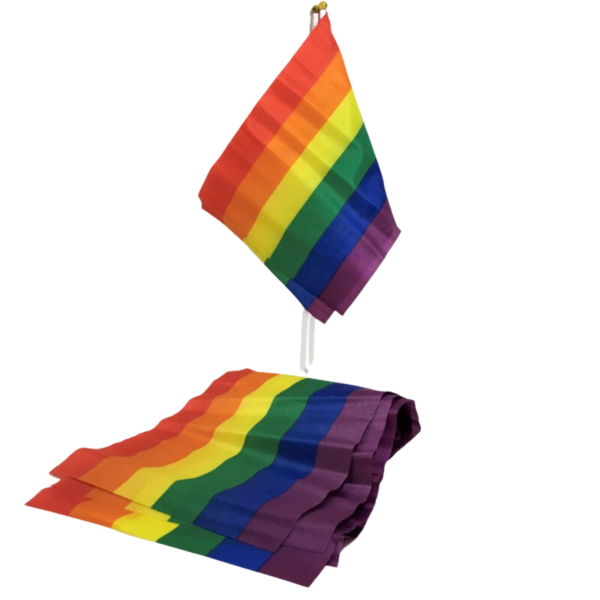 Bandierina piccola Diablo Picante con i colori del gay pride, fissata alla sua asticella