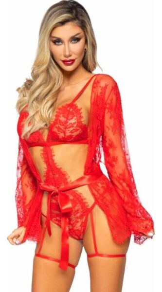 Completo lingerie Leg Avenue All Romance 86123 rosso, con body in pizzo con reggicalze e vestaglia corta coordinata