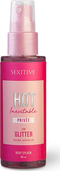 Body splash Sexitive Hot Inevitable con glitter, flacone da 60 ml con spray