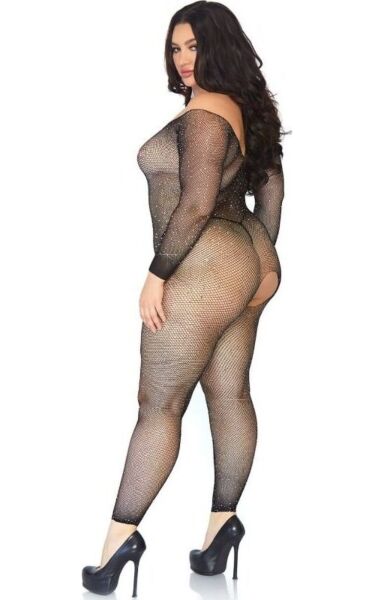 Bodystocking a rete nero Leg Avenue Plus Seamless Fishnet, con maniche lunghe e strass
