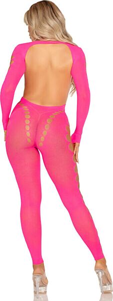 Bodystocking Leg Avenue Reckless Intentions rosa neon, con schiena aperta e aperture
