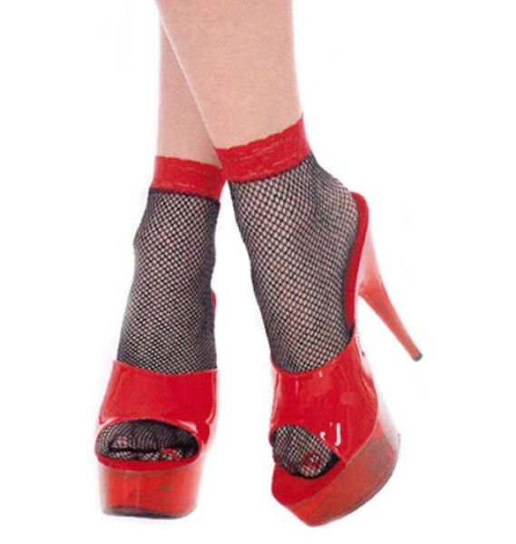 Calzino corto Music Legs nero, a rete con dettagli rossi
