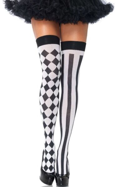 Calze alte Leg Avenue Harlequin con fantasia a rombi neri e bianchi