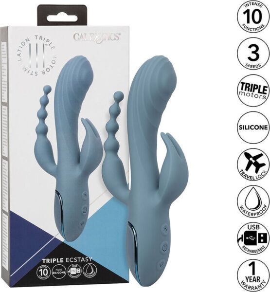 Vibratore rabbit CalExotics III Triple Ecstasy blu, con asta, stimolatore e coda a palline