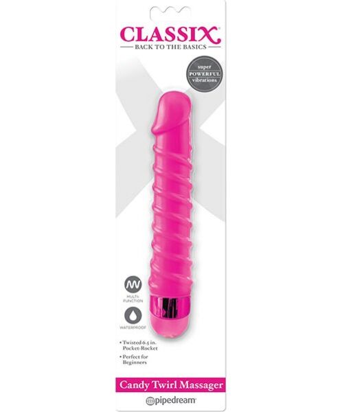 Vibratore Pipedream Candy Twirl rosa, con corpo scanalato a spirale e rotella sulla base