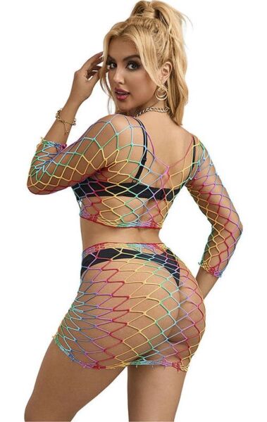 Completo intimo Subblime a rete arcobaleno in due pezzi, con top a maniche lunghe e parte inferiore