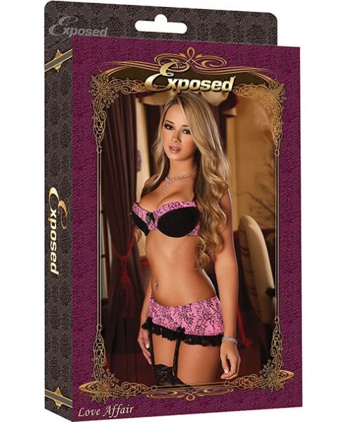 Set di lingerie Exposed Bra & Skirt Set Pink, con reggiseno, perizoma e gonnellina reggicalze rosa a fiori con pizzo nero