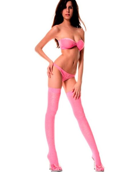 Set Music Legs Lurex rosa, con top senza spalline, tanga e calze