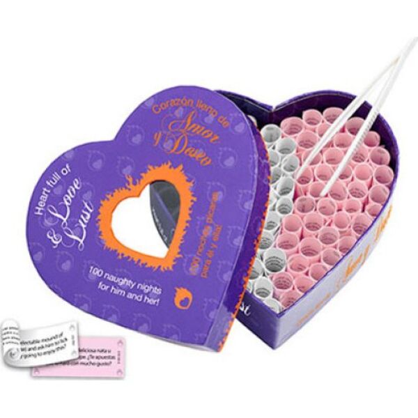Gioco erotico Cuore Amore e Desiderio di Tease & Please, scatola a forma di cuore con rotolini di carta rosa e bianchi