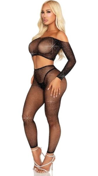 Completo Leg Avenue Captivating Crush nero, top corto e leggings in rete con strass