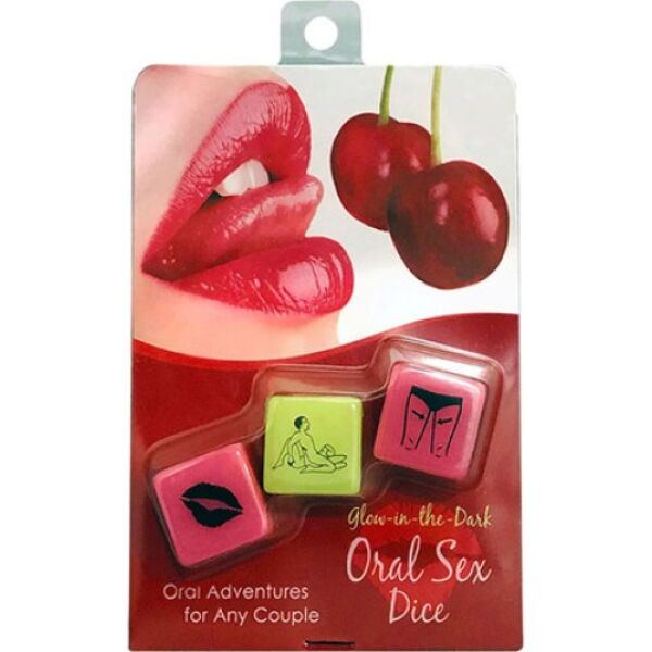 I tre dadi erotici Kheper Glow-in-the-Dark Oral Sex Dice, due rosa e uno verde
