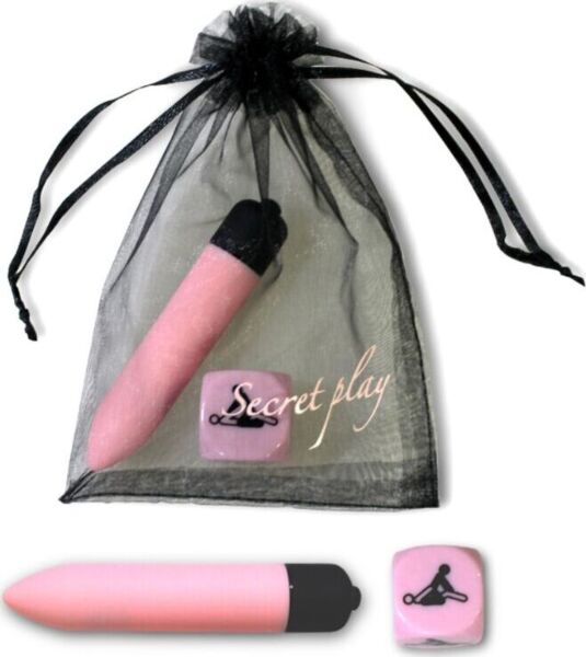 Secret Play Kit Sensual Feelings, con il bullet vibrante rosa, il dado delle posizioni rosa e il sacchetto in organza