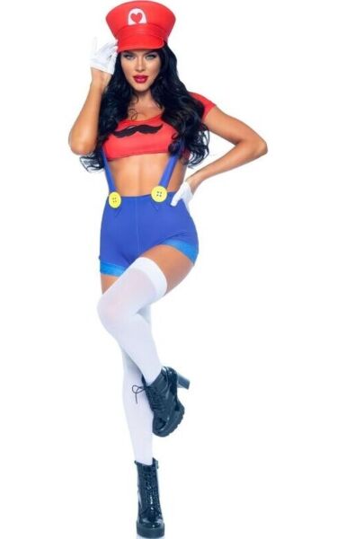 Costume sexy Mario Bros Leg Avenue in rosso e blu, con top corto, shorts con bretelle e cappellino rosso