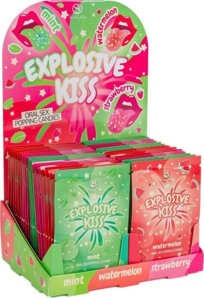 Espositore Caramelle Frizzanti Secret Play con bustine di fragola, anguria e menta