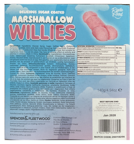 Confezione di marshmallow rosa a forma di pene Marshmallow Willies di Spencer & Fleetwood