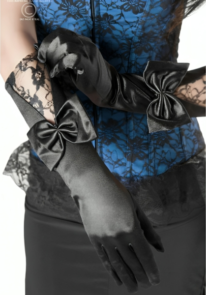 Guanti di lingerie Chilirose CR 3252 in raso nero con pizzo e fiocco