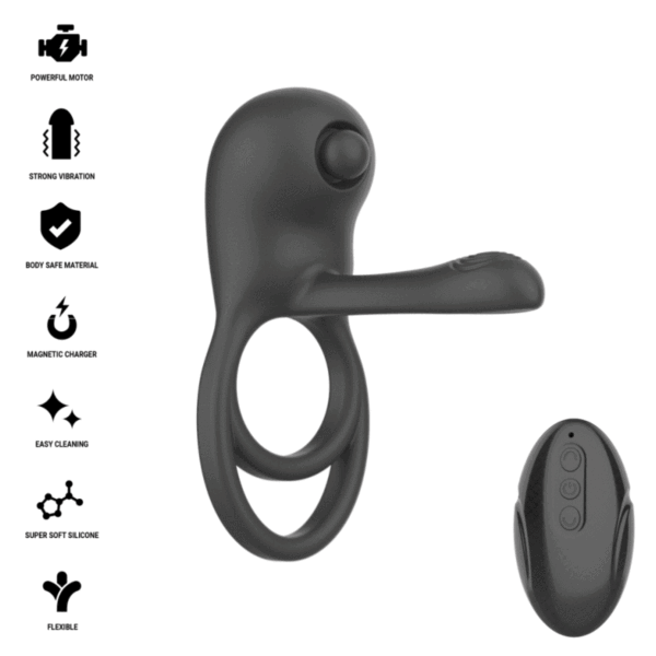 Anello vibrante Intense Spike di colore nero, con il suo stimolatore clitorideo e il suo telecomando