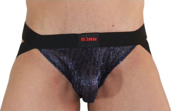 Jockstrap Burn 006 blu e nero, con trasparenze e dettagli brillanti