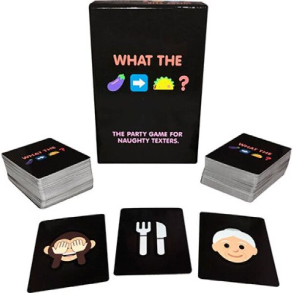Gioco di carte per adulti What The Game di Kheper Games, con la sua scatola e le carte emoji