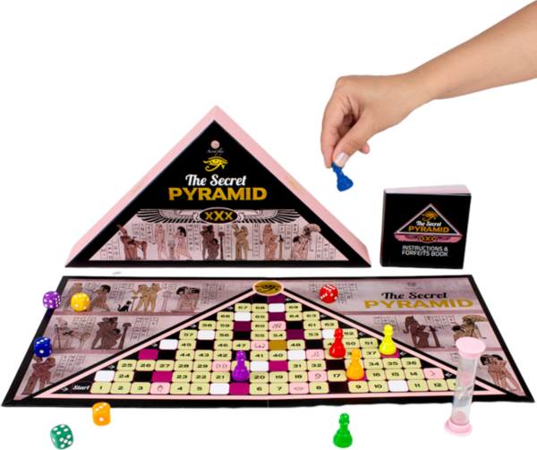Gioco da tavolo erotico Secret Play The Secret Pyramid, con tabellone, pedine, dadi e clessidra