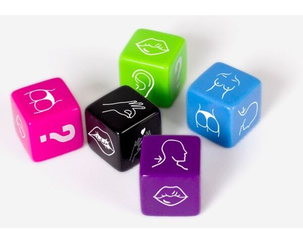 Gioco di dadi erotici Secret Play Party Play, con il dado nero e i quattro dadi colorati