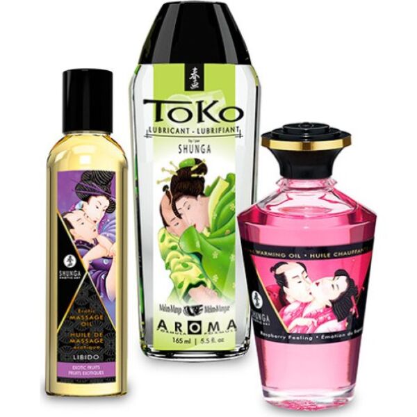 Kit cosmetici erotici Shunga Fruity Kisses con i suoi tre flaconi