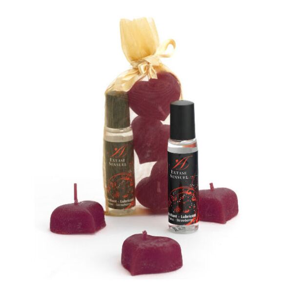 Kit Extase Sensuel Notti di Seta con le candele a forma di petalo e il flacone di gel lubrificante alla fragola