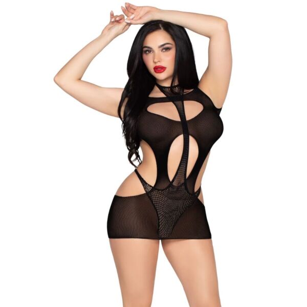 Set Leg Avenue Main Stage in nero: minivestito con aperture sopra un body a rete con collo halter