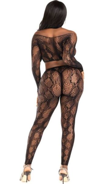Set lingerie Leg Avenue Cold Blooded 89373 con top corto a maniche lunghe e collant senza piede in rete nera con disegno a serpente