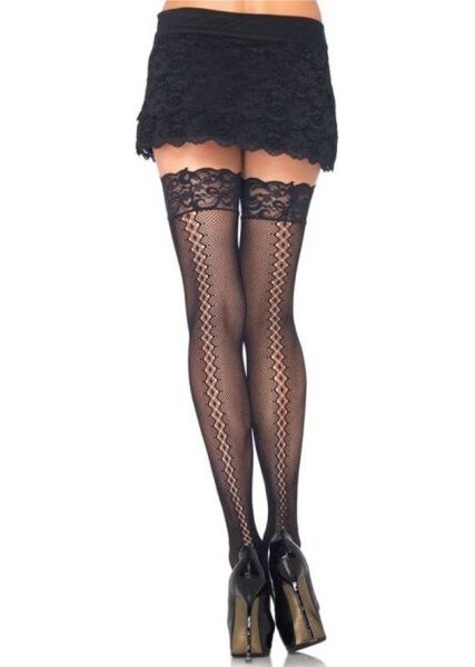 Calze a rete nere Leg Avenue Amor Twist fino alla coscia, con cucitura posteriore a rombi