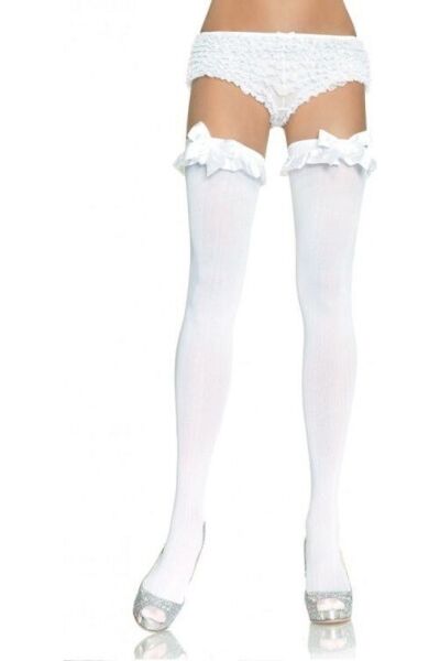Calze coprenti bianche Leg Avenue Devi con balza e fiocco sulla coscia