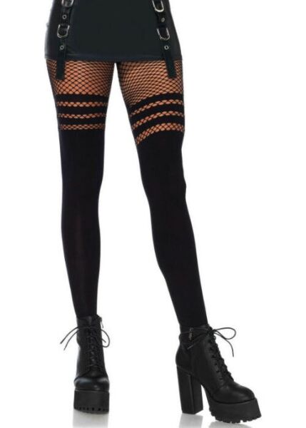Collant Leg Avenue Ada nero, opaco sulla gamba e con rete e righe sulla coscia