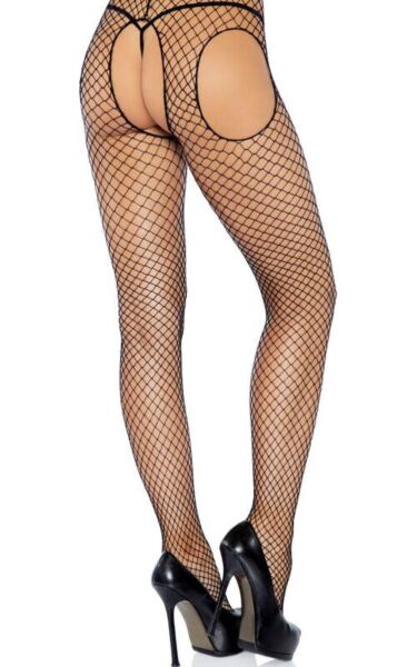 Collant a rete neri Leg Avenue Industrial Net Suspender Hose, con effetto reggicalze e apertura sul cavallo